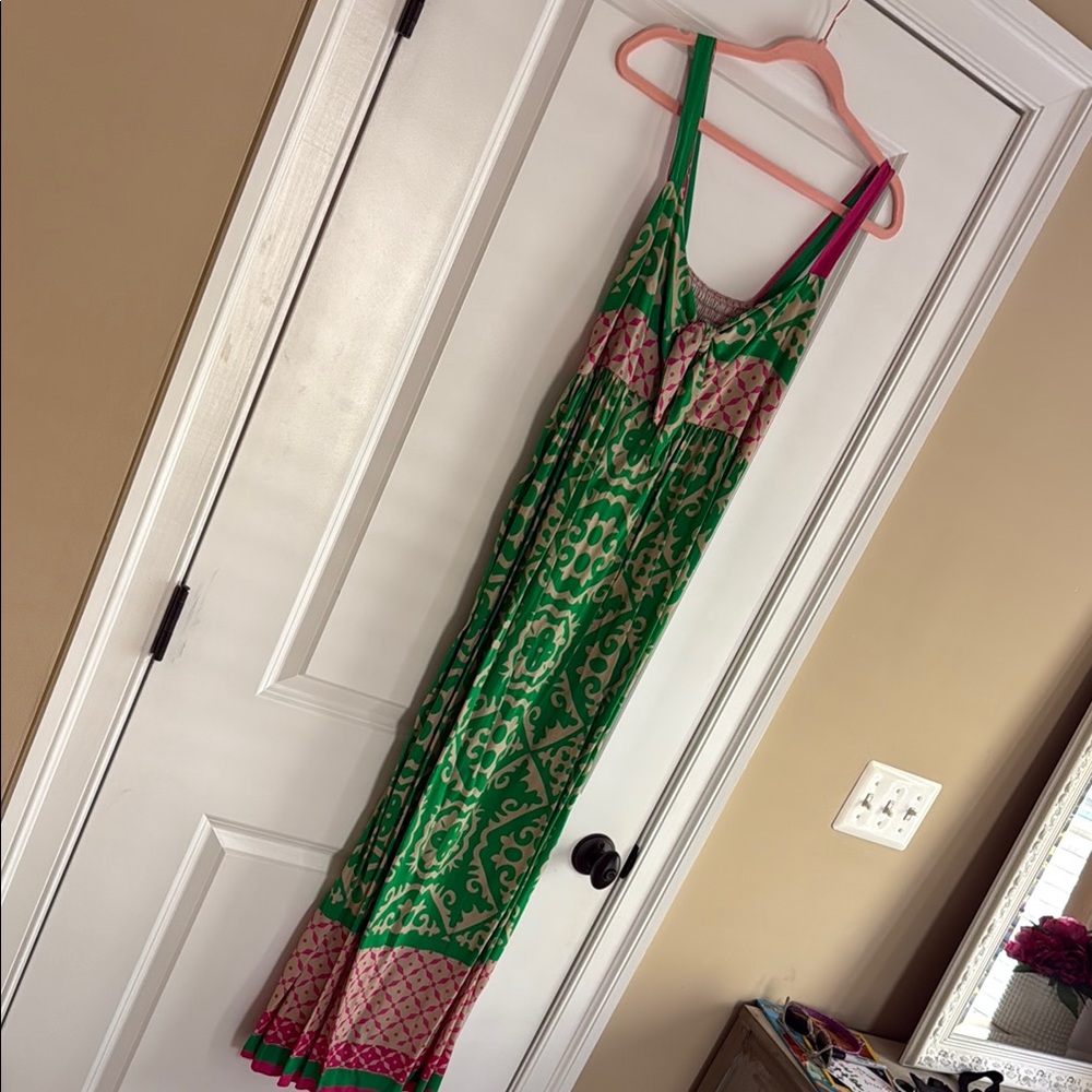 Green and Pink Patterned Women's Dress